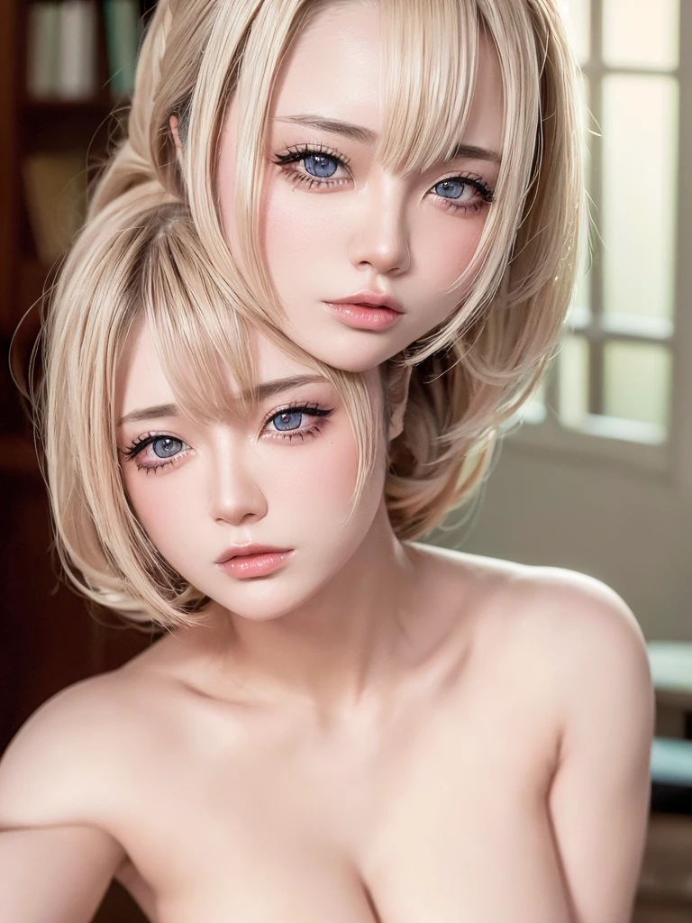 1 Female, Updo, (Ultra Realistic, High resolution), (Highly detailed eyes, Highly detailed hair, Highly detailed face, Highly detailed plump lips), (off shoulder with open chest), chest, Upper Body, Looking for a Smile, (Highest quality:1.4), RAW Photos, (Realistic, photo-Realistic:1.37), Professional photography, Cinematic Light, (Beautiful Face: 1.2),(((Nude 1.5)))、Mid-shot photo 1.4