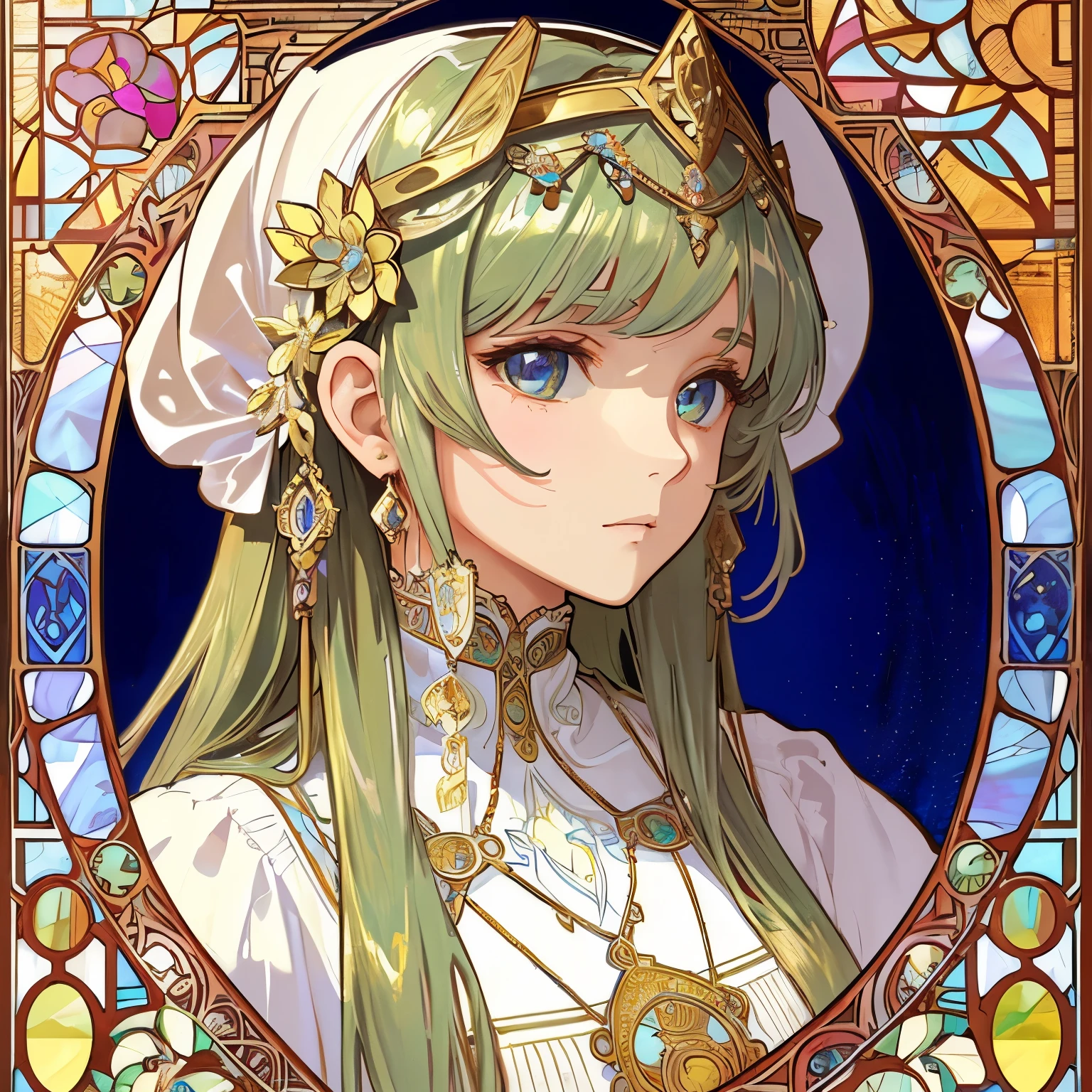 1 girl, (masterpiece, highest quality, highest quality, beautiful and aesthetic: 1.2), (1 girl: 1.3), flower jewelry, delicate clothing, square picture frame, ((face)), sharp pupils, gorgeous hair ornament, arabic clothing , cool face, Transparent and beautiful stained glass background, (Alphonse Mucha's), Traditional Arab dress,Headpiece,Gradient color hairstyle