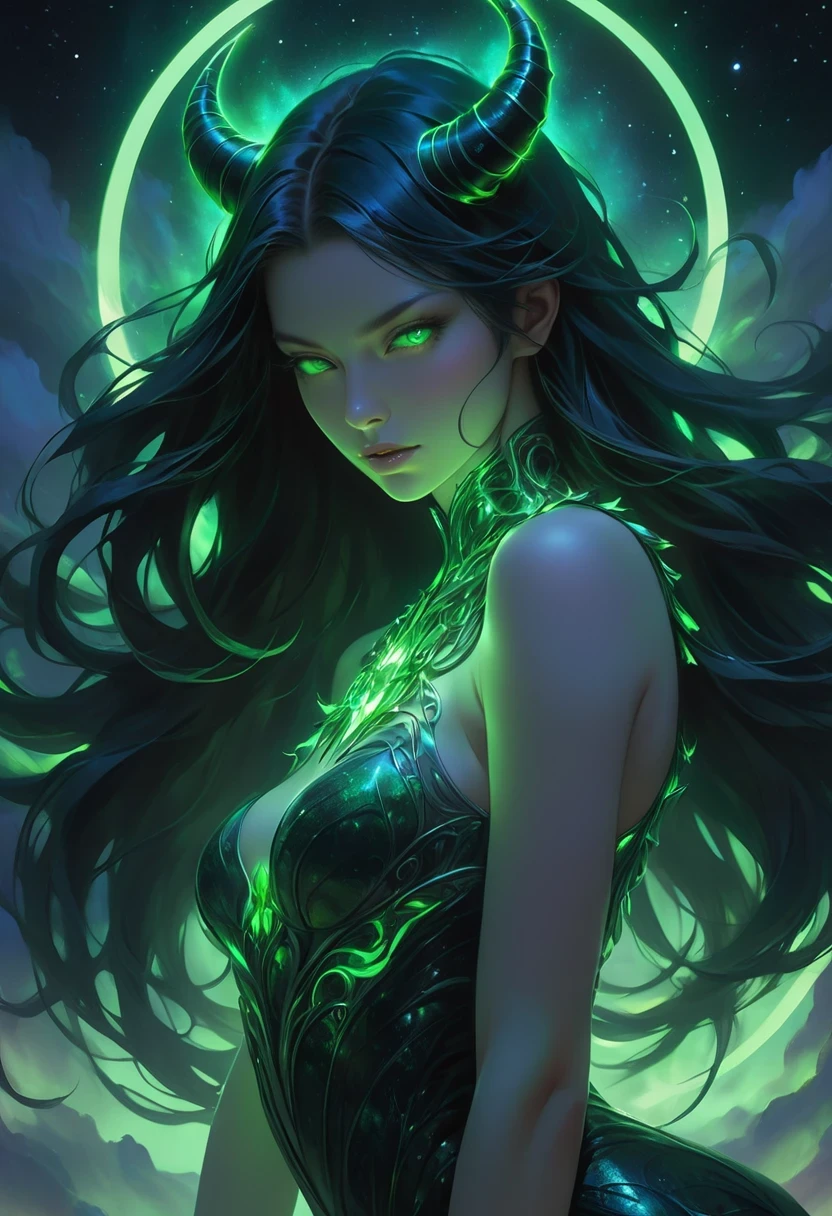The digital screen comes to life with a figure that is both attractive and disturbing. far away, slickedback hair, the color of midnight with stripes of neon green, waterfalls below the waist, framing a face shrouded in mystery. the eyes, a penetrating emerald green, glow with a mysterious luminescence, reflecting an inner darkness. tenebrosa, flawless skin contrasts sharply with the vibrant tones of the eyes and hair, creating an unsettling juxtaposition.

A pair of antlers, seemingly carved in the moonlight, rise gracefully from the sides of the head, its ethereal glow enhancing the character&#39;s otherworldly aura. The figure is adorned with a futuristic ensemble that evokes elegance and discomfort. A sleeveless crop top, its fabric shines with an iridescent shine, reveals a heart-shaped cutout in the center, pulsating with a mysterious glow. Matching iridescent shorts hug the hips, completing the unsettling costume.

Arms are raised and folded behind the head, the pose suggesting a mix of vulnerability and hidden power. o fundo, a vast expanse of night sky, is alive with chilling beauty. Countless stars shine ominously, while wisps of nebulae swirl like ghostly apparitions. Glowing particles and streaks of neon light dance across the screen, increasing to mysterious atmosphere.

High-contrast lighting bathes the scene in a strong interplay of light and shadow. Neon highlights accentuate hair, antlers, and trousseau, emphasizing their otherworldly glow. deep, dark shadows adhere to the contours of the figure, suggesting hidden depths and secrets.

This digital illustration masterfully combines elements of futuristic design and mysterious horror, creating a character that is both captivating and disturbing. The captivating features of the figure, otherworldly glow, and disturbing pose leave a lingering feeling of discomfort, inviting viewers to immerse themselves in a world where beauty and darkness intertwine.
