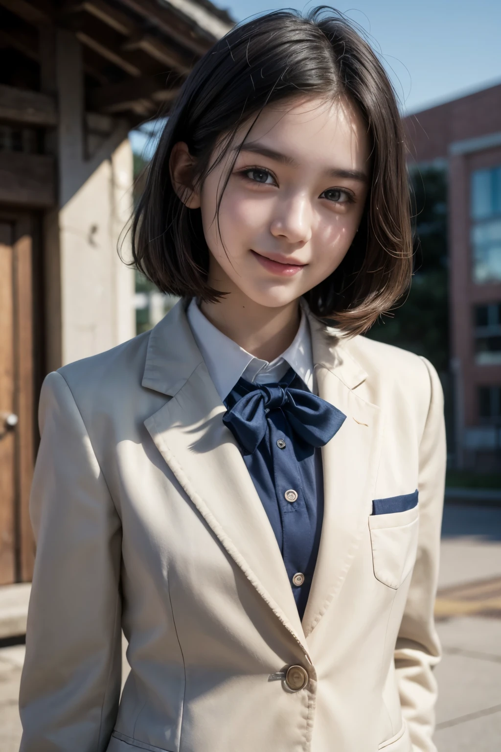 (Highest quality,8K quality,masterpiece:1.3),(Ultra-high resolution,Photorealistic:1.4,RAW Photos),(Very detailed,Caustics,Detailed Background),(Ultra-Realistic Capture,Fine and beautiful skin,Perfect Anatomy),At dusk,Sunset sky,School building,Schoolyard,18-year-old,cute,single eyelid,Black short bob,School Blazer Uniform,looking at the camera,Laughter,Bust up shot,Natural soft light