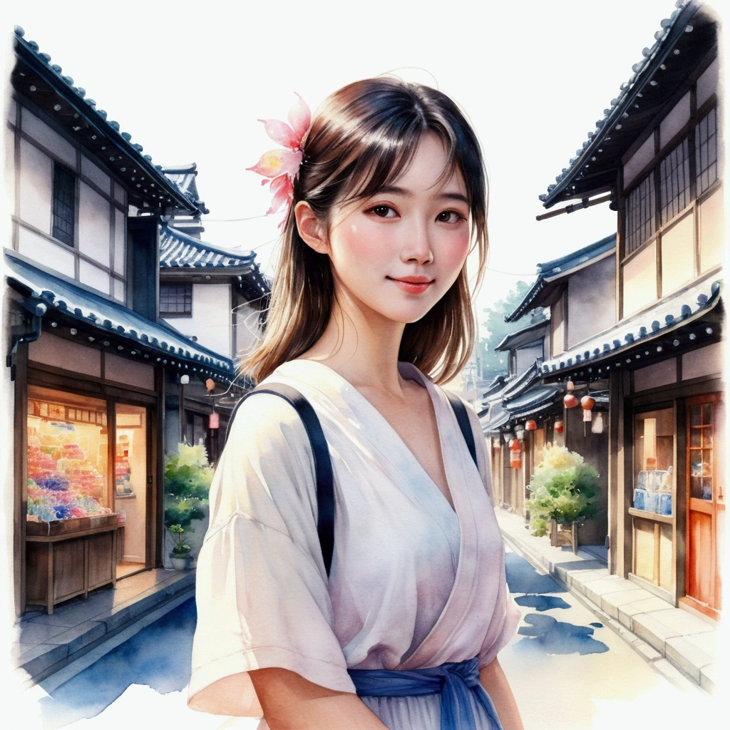 (best quality,masterpiece:1.2), Soft focus, Bright gradient watercolor, Dreamy, White background, Girl, Kyoto shops.