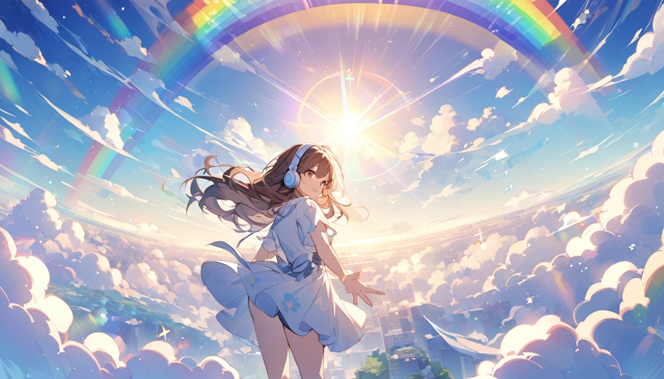 Girl wearing headphones。Brown Hair。1 person。bright。Looking at the scenery beyond the rainbow、A girl wearing headphones reaching for a rainbow。