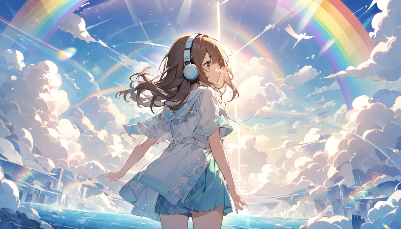 Girl wearing headphones。Brown Hair。1 person。bright。Looking at the scenery beyond the rainbow、A girl wearing headphones reaching for a rainbow。
