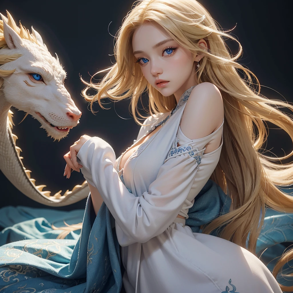 A beautiful woman and she has long, blonde hair with blue eyes and she has white skin and a small nose shaped like a dragon.