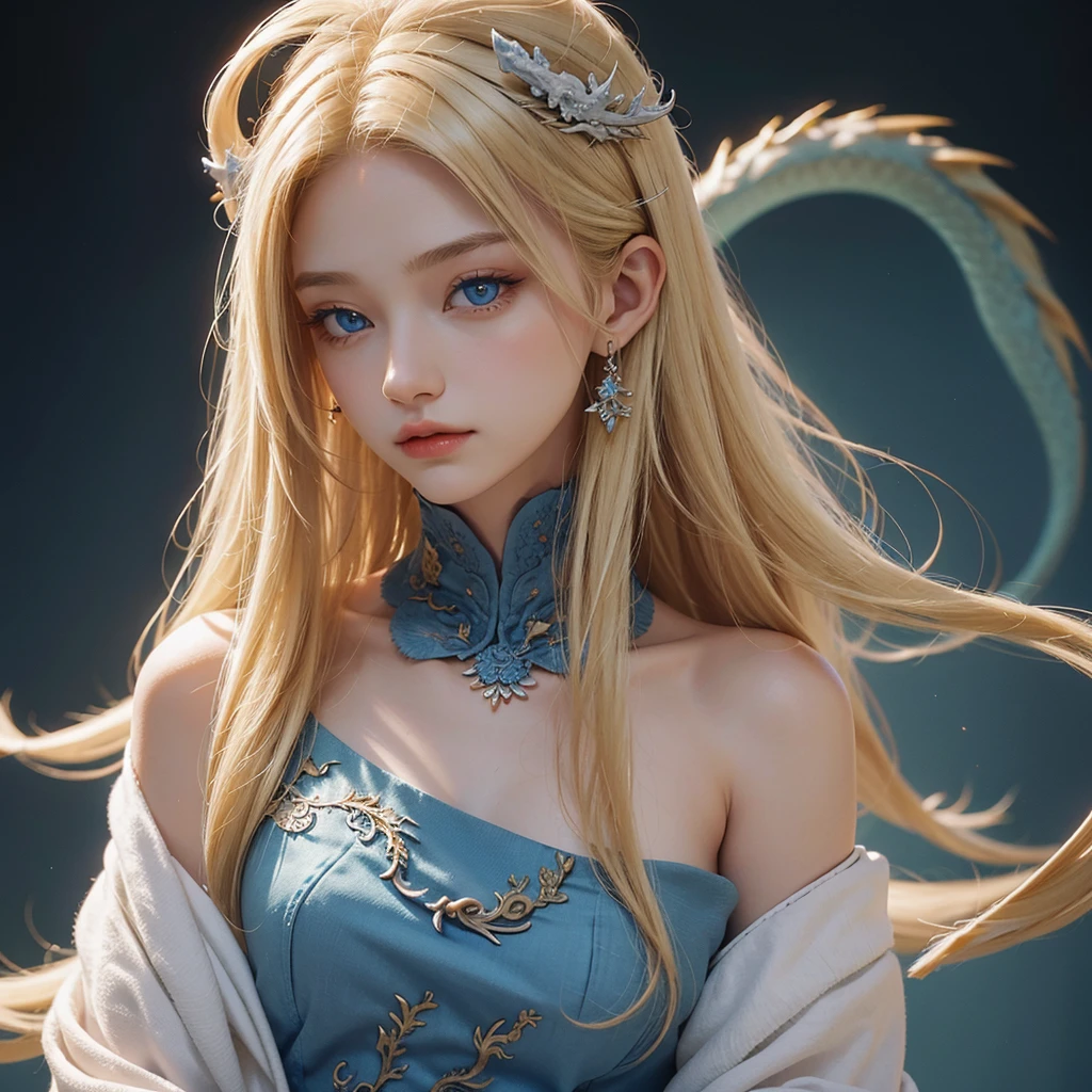 A beautiful woman and she has long, blonde hair with blue eyes and she has white skin and a small nose shaped like a dragon.