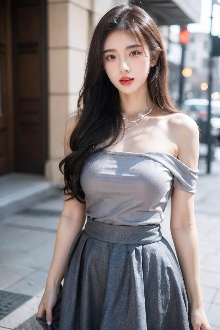 wear a long skirt, long hair over her shoulder, Pretty dress