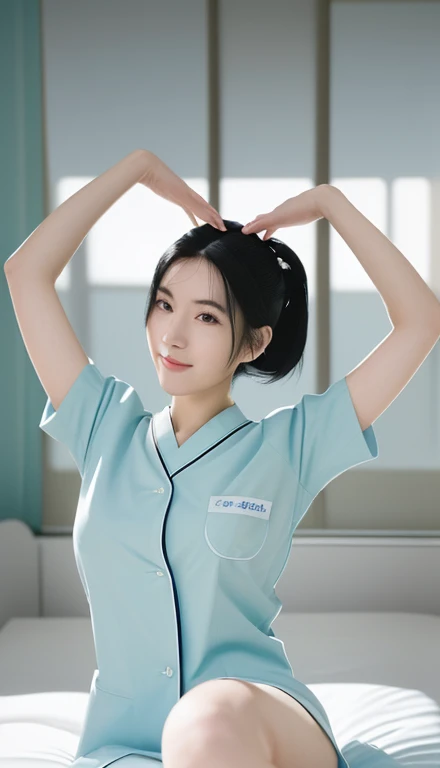 (medium shot), 1girl, (arms over head:1.4), smiling beautiful Japanese female nurse wearing fitted aqua nurse uniform, beautiful detailed face, black hair, pale skin, fair skin, realistic skin, detailed cloth texture, detailed hair texture, Perfect proportion, accurate, Anatomically correct, Highly detailed face and skin texture, modern hospital room, photorealistic