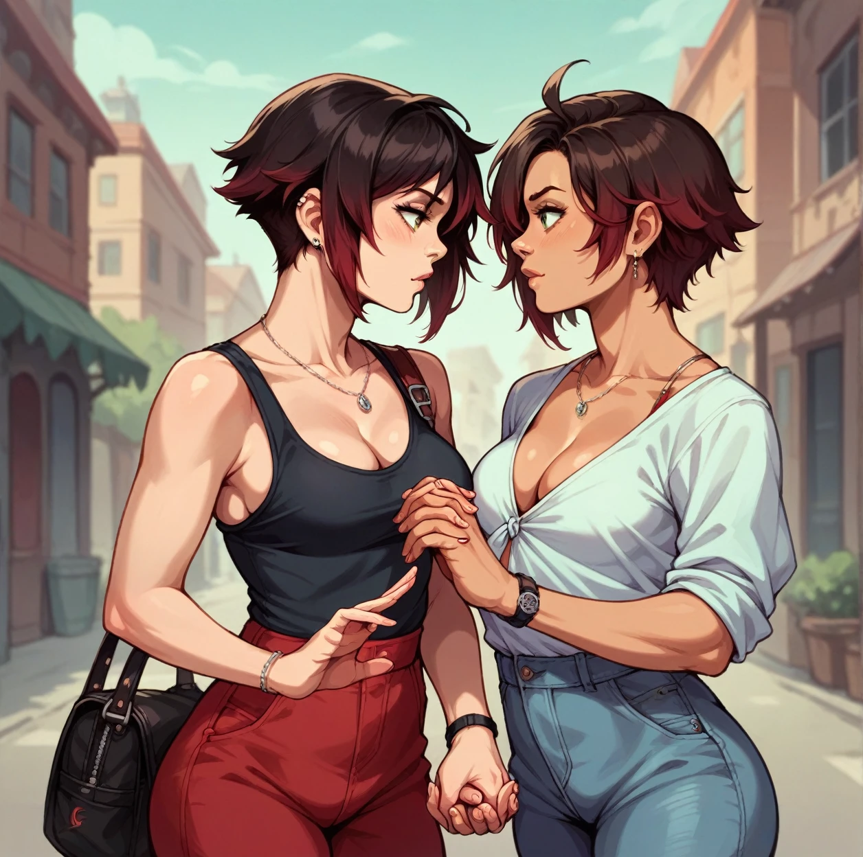 (cute couple), (detailed), perfect face, brown skin anime woman in a deep V-neck tied top, (bare shoulders), (jeans), (resting hands on the stomach), (slim woman), (smooth and shiny skin), (best quality), (masterpiece), ((a white skin handsome formal boy is hugging her))