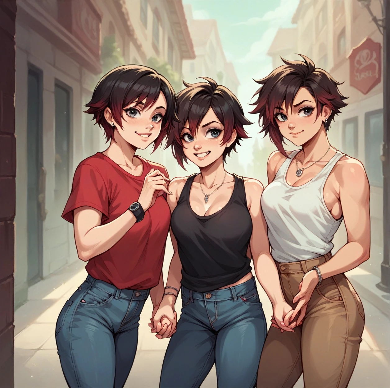 a one woman , with curly red hair, Bullish, dark-skinned , next to actress Ruby Rose with short hair , on the street holding hands