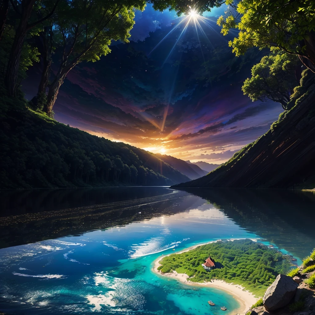 mysteriousな超巨大なトンネルの中に森がある,Different world,The sunlight from the sun shines on the earth,Colorful,Best Quality,8k,mysterious,Fantasy,Different space,There are many different creatures,Nature,romantic,A world beyond imagination,Dream world,Huge river,masterpiece,最高masterpiece,perfection,