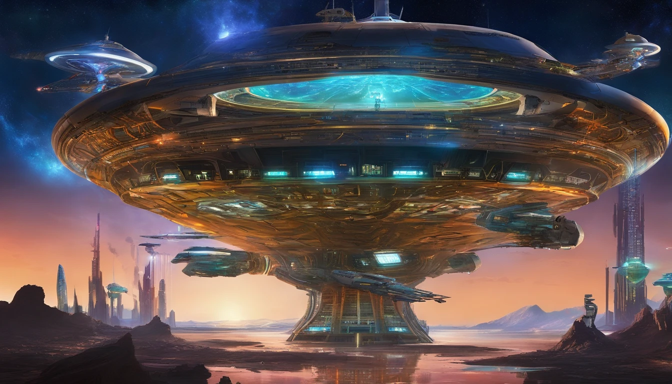 Futuristic space station double as alien colony, multiple variance-in-design spaceships docked or adrift near structure, vibrant blue, orange, Cosmic-Neon rainbow LED lights adorning the intricate architecture, diverse extraterrestrial beings in eclectic attire engaging in varied activities, construction equipment in use, colossal glowing planet dominating the backdrop, drone capturing the essence of interstellar habitation, vast scale, octane rendering, UHD. 4D 750k UHD resolution, Use the design styles of Larry Niven, Steven Spielberg, & J. Michael Straczynski. Use the style of Walt Disney Futuristic space station double as alien colony, multiple variance-in-design spaceships docked or adrift near structure, vibrant blue, orange, green LED lights adorning the intricate architecture, diverse extraterrestrial beings in eclectic attire engaging in varied activities, construction equipment in use, colossal glowing planet dominating the backdrop, drone capturing the essence of interstellar habitation, vast scale, octane rendering, UHD. 4D 750k UHD resolution, Use the design styles of Larry Niven, Steven Spielberg, & J. Michael Straczynski, Harlan Ellison.Gold Chrome cobalt steel tube starship, length 144', positioned at a 45-degree angle from the front, culvert shaped body diameter of 288', 2 diamond nacels fashioned like AAA batteries, length 96', angle 90 degrees above ship's rear, orbiting Saturn near one of its rings, a nearby nebula hosting a similar fleet of starships engaged in battle, high-resolution space opera scene. Gold Chrome cobalt steel tube starship, length 144', positioned at a 45-degree angle from the front, culvert shaped 1974 Winnebago body diameter of 288', 2 diamond nacels fashioned like AAA batteries, length 96', angle 90 degrees above ship's rear, orbiting Saturn near one of its rings, a nearby nebula hosting a similar fleet of starships engaged in battle, high-resolution space opera scene.
