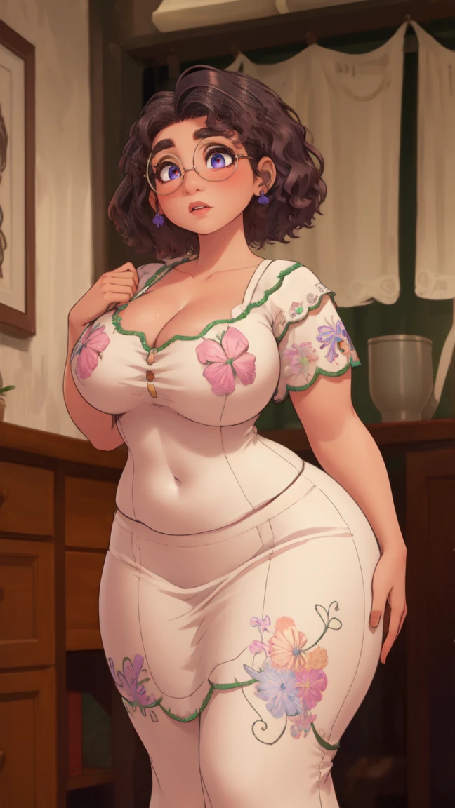 Madrigal de Mirabel,  lunettes, ((secretary clothes)), home,, detailed skin,, (((Curvy Body))), gros seins, 