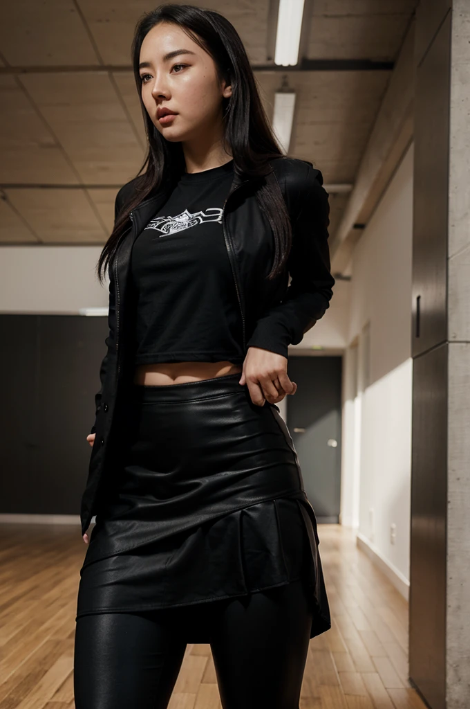 Jessica Henwick, black jacket, t-shirt, tight skirt, black leggings.