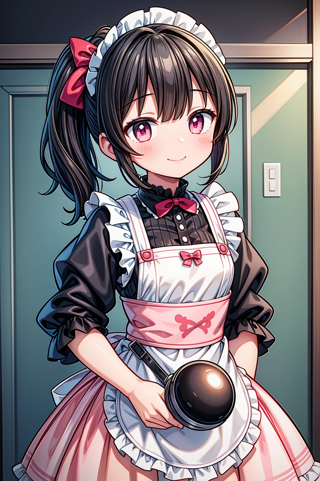(Highest image quality), (highest quality), (masterpiece), (dynamic lighting), (photo realism), a  anime girl with short black hair and a one side ponytail hairstyle, wearing a maid uniform with an apron, pink eyes, very small bust, and a little curve. She is standing in a kitchen background, smiling and winking, with hands on her hips. The viewer's perspective is from below, capturing her detailed face and very blushing expression. Include detailed hands and fingers, and ensure a more detailed overall appearance. Use EasyNegativeV2.