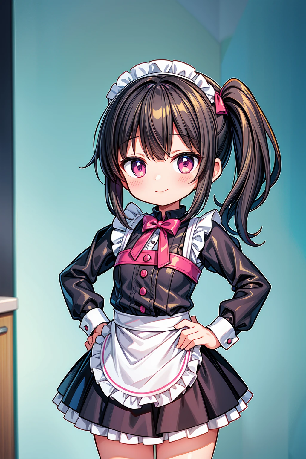 (Highest image quality), (highest quality), (masterpiece), (dynamic lighting), (photo realism), a anime girl with short black hair and a one side ponytail hairstyle, wearing a maid uniform with an apron, pink eyes, very small bust, and a little curve. She is standing in a kitchen background, smiling and winking, with hands on her hips. The viewer's perspective is from below, capturing her detailed face and very blushing expression. Include detailed hands and fingers, and ensure a more detailed overall appearance. Use EasyNegativeV2.