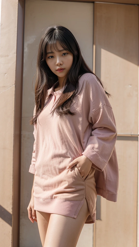 A Korean woman with black hair with brown highlights at the ends and pink clothes and light brown eyes 