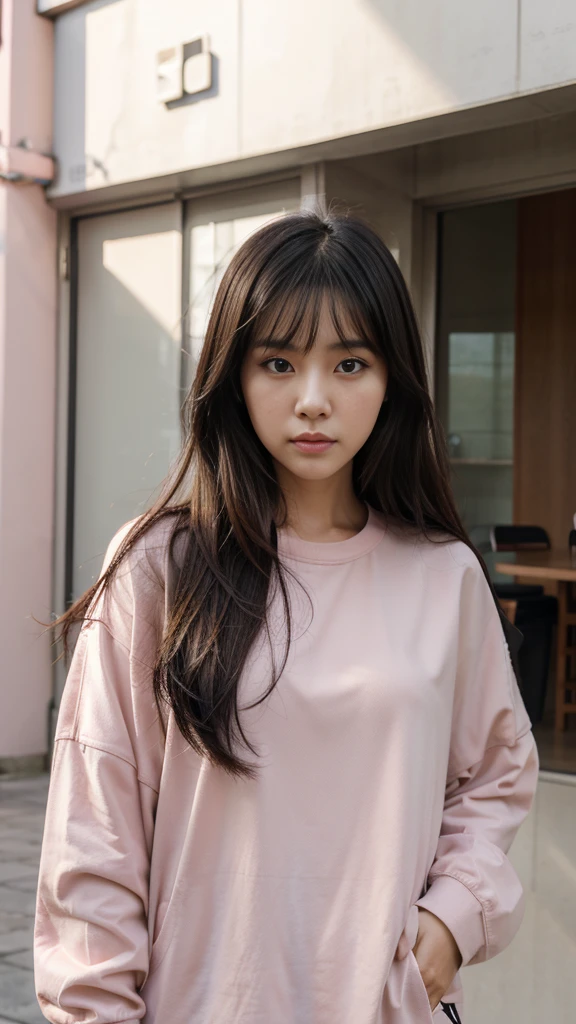 A Korean woman with black hair with brown highlights at the ends and pink clothes and light brown eyes 