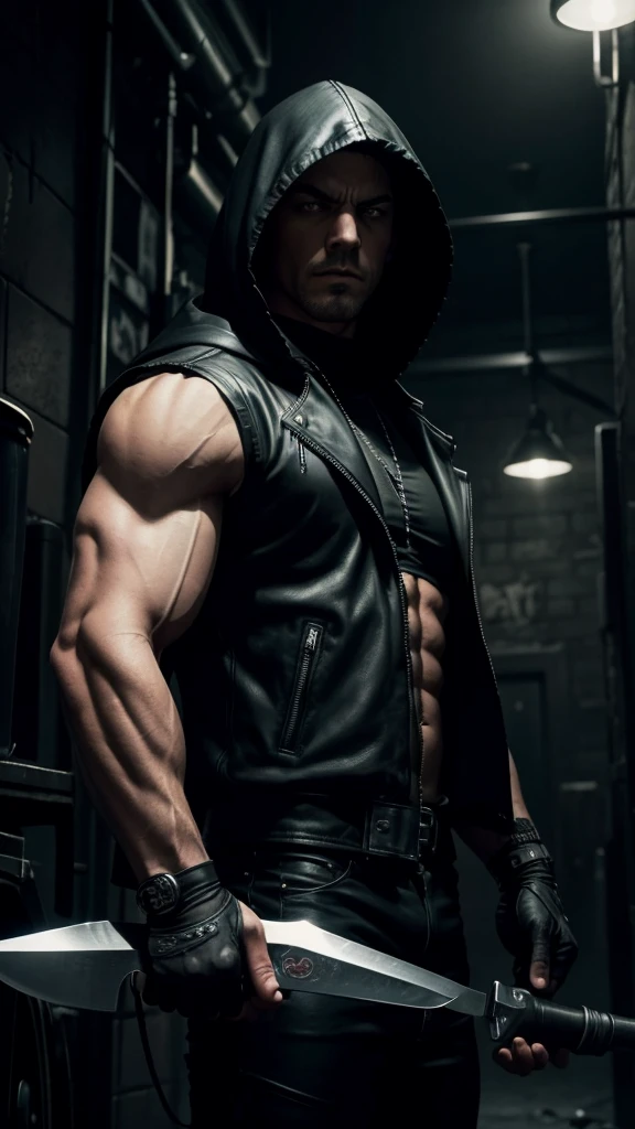 A hooded man wearing a sleeveless black jacket, showing his muscular physique, holding a knife with a bar, a motorcycle in the background, dark, gothic, Tim Burton style, hyper-realistic, 8k, HDR, cinematic lighting, moody atmosphere