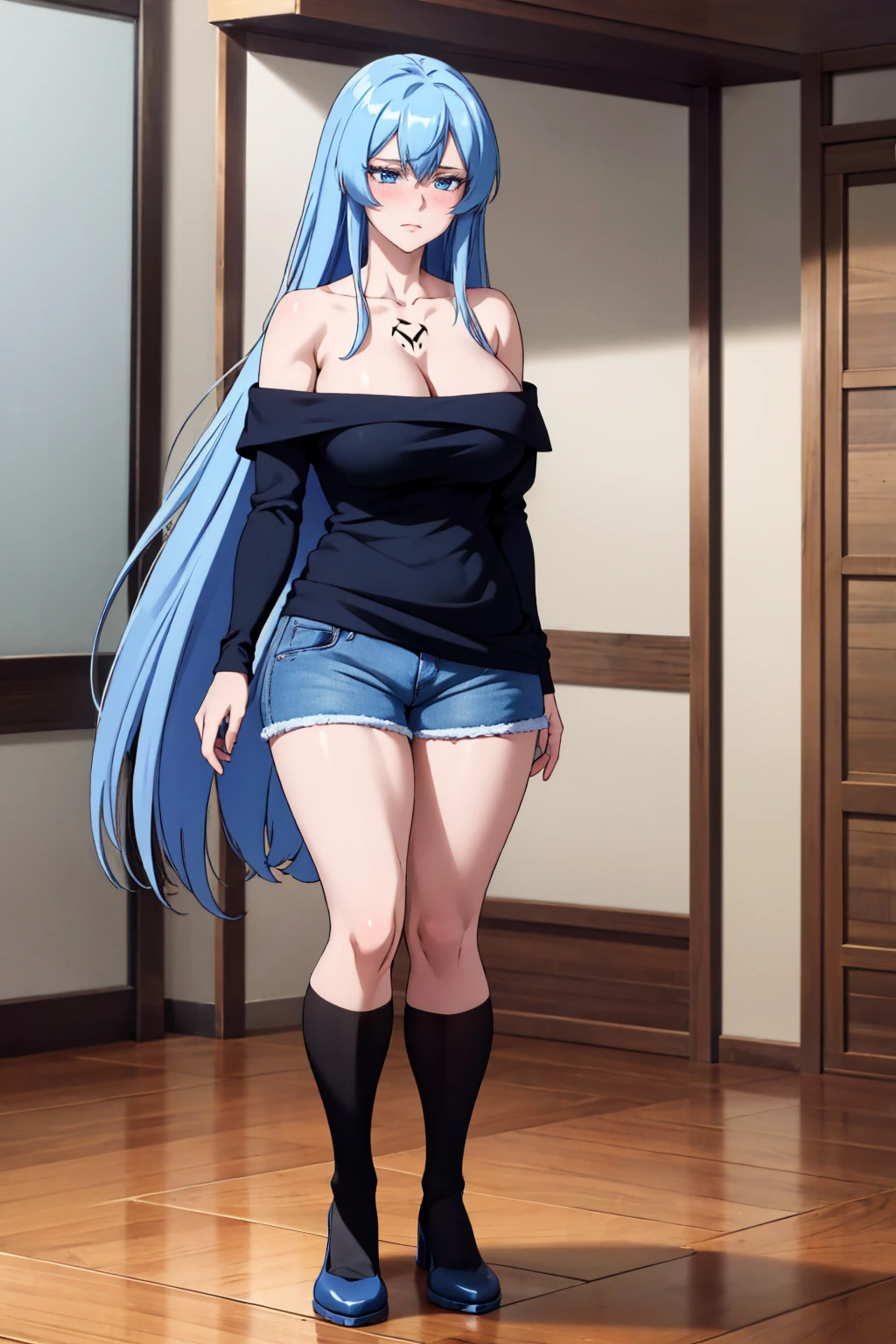 (artwork, best quality) a girl with long messy blue hair, blue eyes, blue eyelashes, blue denim mini shorts, long black stockings, off the shoulder top, standing, tattoo, perfect big body, 4k hd, upset, blushing, in a room, (full body)