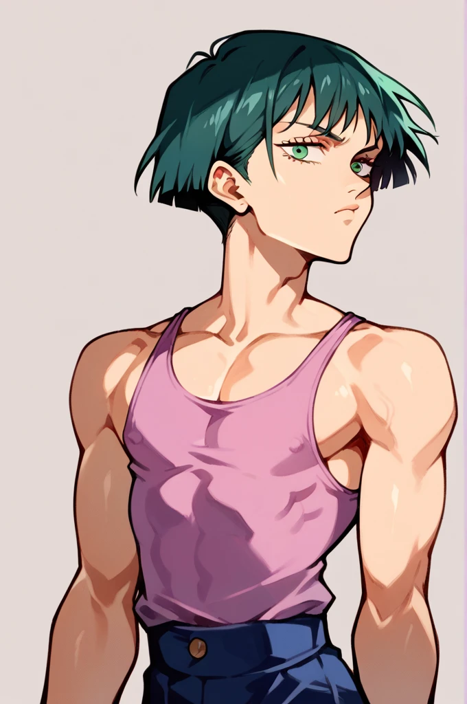 An androgynous boy with pale skin, green eyes with a relaxed look, long dark hair and pink tips, tight black high-neck tank top, no experience of jujutsu kaisen