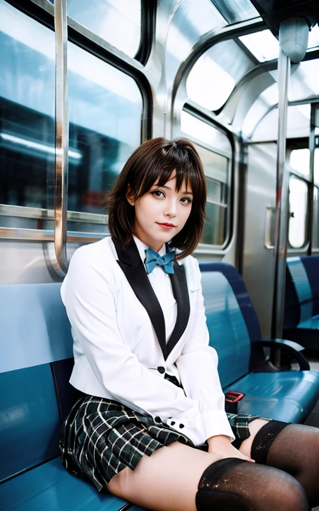 commute、woman、suit、Inside the train、sit on the other side、skirt、uniform、thighs、spread your legs a little、tights、I can see my pants through the gap between my legs、short hair、sit in front、Glowing eyes、