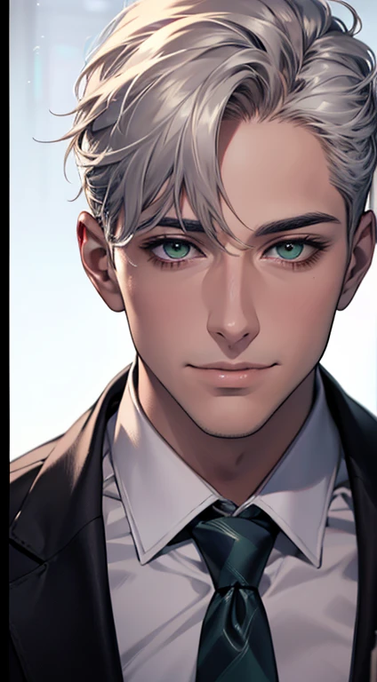 (Highest quality,4K,8K,High resolution,masterpiece:1.2),Super detailed,(Realistic,photoRealistic,photo-Realistic:1.37),1 person,34 years old,Mature Men,Beautiful skin、very handsome,Expressionless smile in love,Short white hair,green eyes,Sharp Eyes,A perfect face without a doubt,Businessman, CEO, Office Background,Cinema Lighting,HDR image,tie、