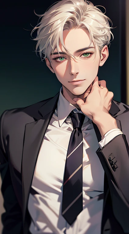 (Highest quality,4K,8K,High resolution,masterpiece:1.2),Super detailed,(Realistic,photoRealistic,photo-Realistic:1.37),1 person,34 years old,Mature Men,Beautiful skin、very handsome,Expressionless smile in love,Short white hair,green eyes,Sharp Eyes,A perfect face without a doubt,Businessman, CEO, Office Background,Cinema Lighting,HDR image,tie、
