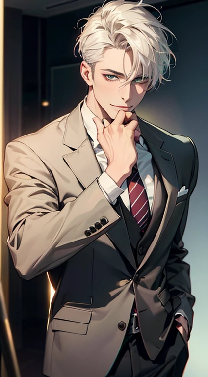 (Highest quality,4K,8K,High resolution,masterpiece:1.2),Super detailed,(Realistic,photoRealistic,photo-Realistic:1.37),1 person,34 years old,Mature Men,Beautiful skin、very handsome,Expressionless smile in love,Short white hair,green eyes,Sharp Eyes,A perfect face without a doubt,Businessman, CEO, Office Background,Cinema Lighting,HDR image,tie、