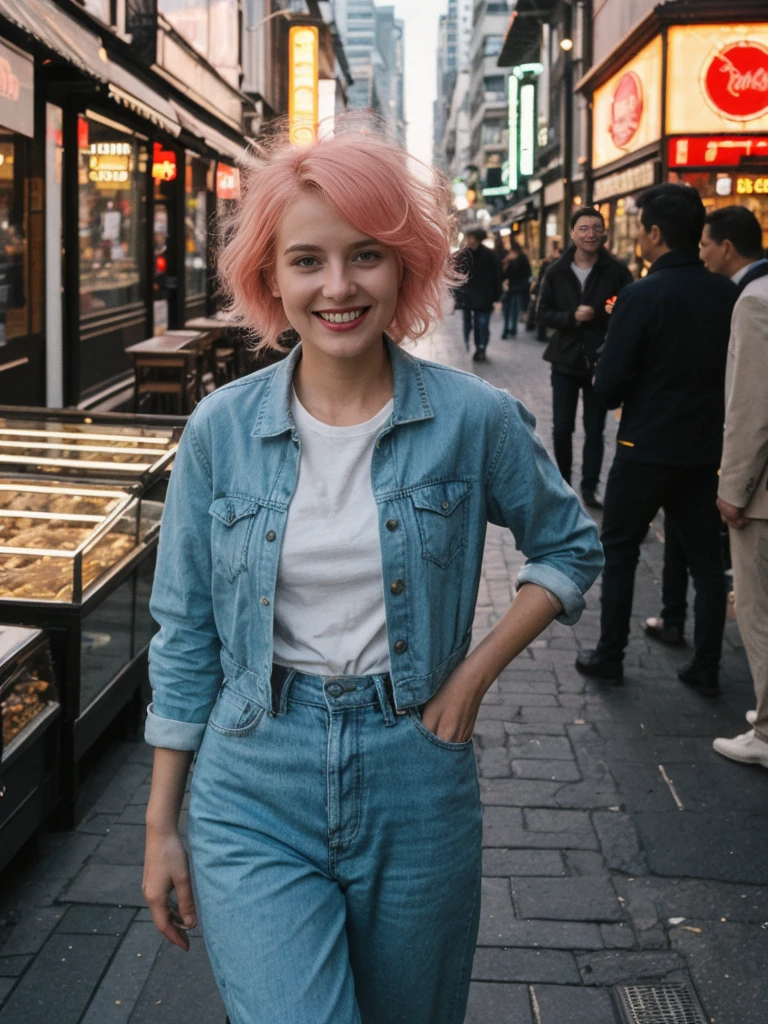 her name is Amelie, high quality, 1girl, ((25-year-old fit Caucasian woman)), ((25 years old)), ((BODY TYPE: HOURGLASS)), ((Neon Hair)), smiling, pose: standing, wearing Well-dressed ULTRA MODERN Generation-Z modern wear bright colored, BACKGROUND: "Walking through the vibrant Istiklal Avenue at night, with its bustling shops, cafes, and street performers."