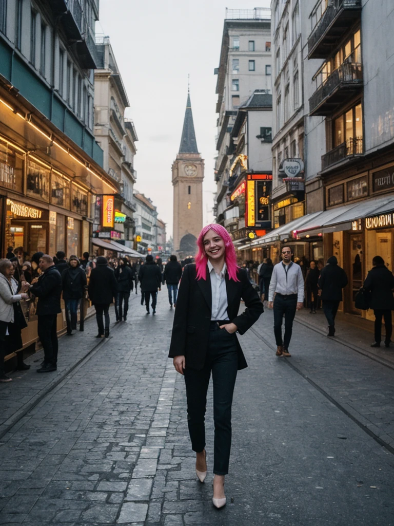 her name is Amelie, high quality, 1girl, ((25-year-old fit Caucasian woman)), ((25 years old)), ((BODY TYPE: HOURGLASS)), ((Neon Hair)), smiling, pose: standing, wearing Well-dressed ULTRA MODERN Generation-Z modern wear bright colored, BACKGROUND: "Walking through the vibrant Istiklal Avenue at night, with its bustling shops, cafes, and street performers."