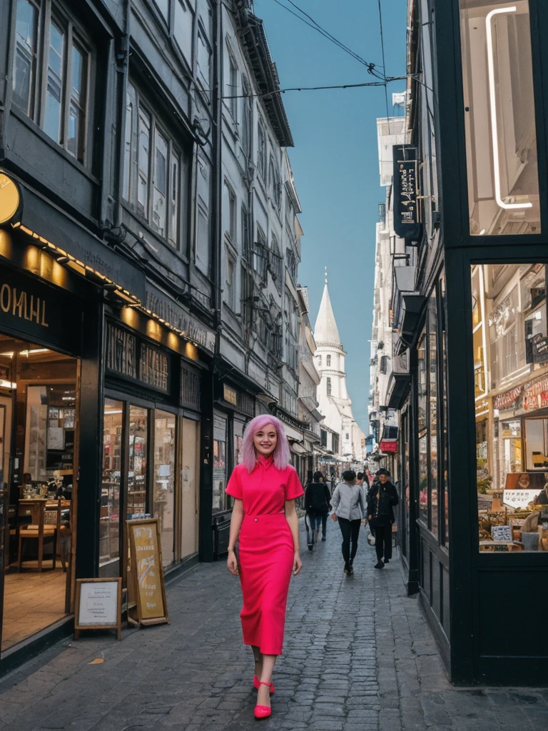 her name is Amelie, high quality, 1girl, ((25-year-old fit Caucasian woman)), ((25 years old)), ((BODY TYPE: HOURGLASS)), ((Neon Hair)), smiling, pose: standing, wearing Well-dressed ULTRA MODERN Generation-Z modern wear bright colored, BACKGROUND: "Walking through the vibrant Istiklal Avenue at night, with its bustling shops, cafes, and street performers."