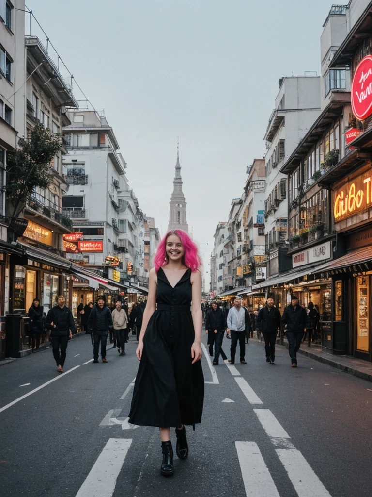 her name is Amelie, high quality, 1girl, ((25-year-old fit Caucasian woman)), ((25 years old)), ((BODY TYPE: HOURGLASS)), ((Neon Hair)), smiling, pose: standing, wearing Well-dressed ULTRA MODERN Generation-Z modern wear bright colored, BACKGROUND: "Walking through the vibrant Istiklal Avenue at night, with its bustling shops, cafes, and street performers."