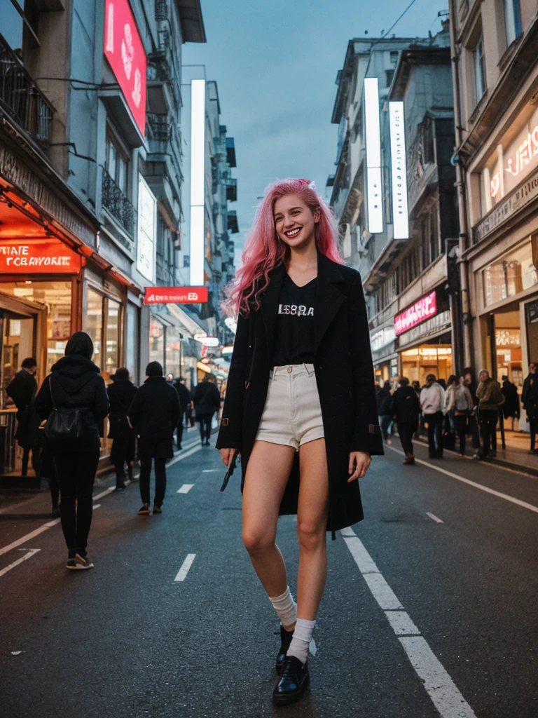 her name is Amelie, high quality, 1girl, ((25-year-old fit Caucasian woman)), ((25 years old)), ((BODY TYPE: HOURGLASS)), ((Neon Hair)), smiling, pose: standing, wearing Well-dressed ULTRA MODERN Generation-Z modern wear bright colored, BACKGROUND: "Walking through the vibrant Istiklal Avenue at night, with its bustling shops, cafes, and street performers."