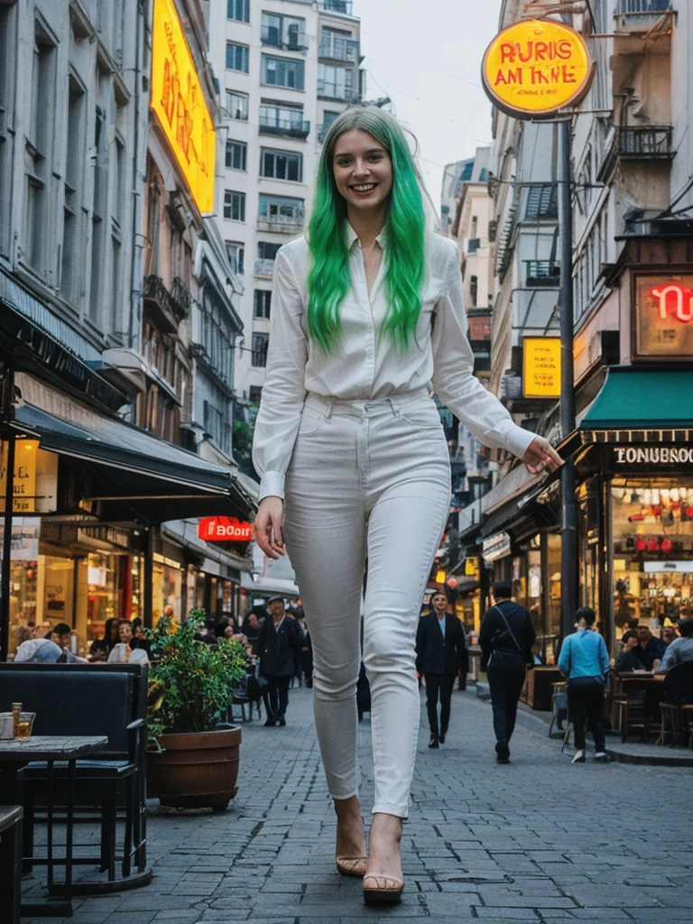 her name is Amelie, high quality, 1girl, ((25-year-old fit Caucasian woman)), ((25 years old)), ((BODY TYPE: HOURGLASS)), ((Neon Hair)), smiling, pose: standing, wearing Well-dressed ULTRA MODERN Generation-Z modern wear bright colored, BACKGROUND: "Walking through the vibrant Istiklal Avenue at night, with its bustling shops, cafes, and street performers."