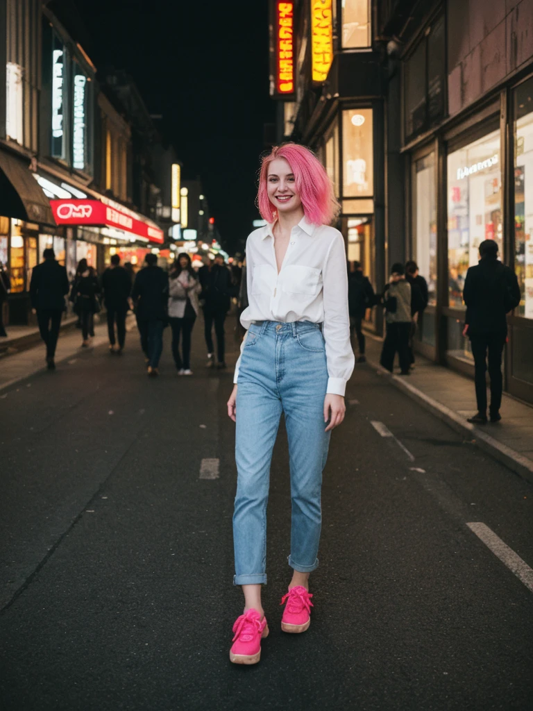 her name is Amelie, high quality, 1girl, ((25-year-old fit Caucasian woman)), ((25 years old)), ((BODY TYPE: HOURGLASS)), ((Neon Hair)), smiling, pose: standing, wearing Well-dressed ULTRA MODERN Generation-Z modern wear bright colored, BACKGROUND: "Walking through the vibrant Istiklal Avenue at night, with its bustling shops, cafes, and street performers."