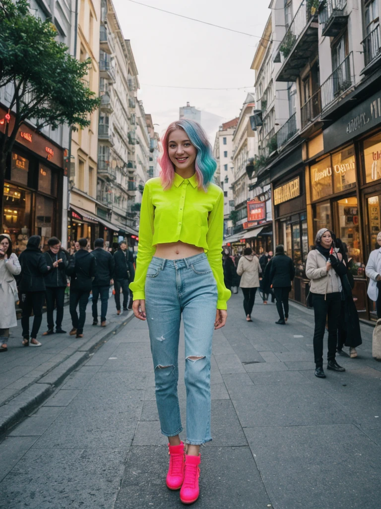her name is Amelie, high quality, 1girl, ((25-year-old fit Caucasian woman)), ((25 years old)), ((BODY TYPE: HOURGLASS)), ((Neon Hair)), smiling, pose: standing, wearing Well-dressed ULTRA MODERN Generation-Z modern wear bright colored, BACKGROUND: "Walking through the vibrant Istiklal Avenue at night, with its bustling shops, cafes, and street performers."