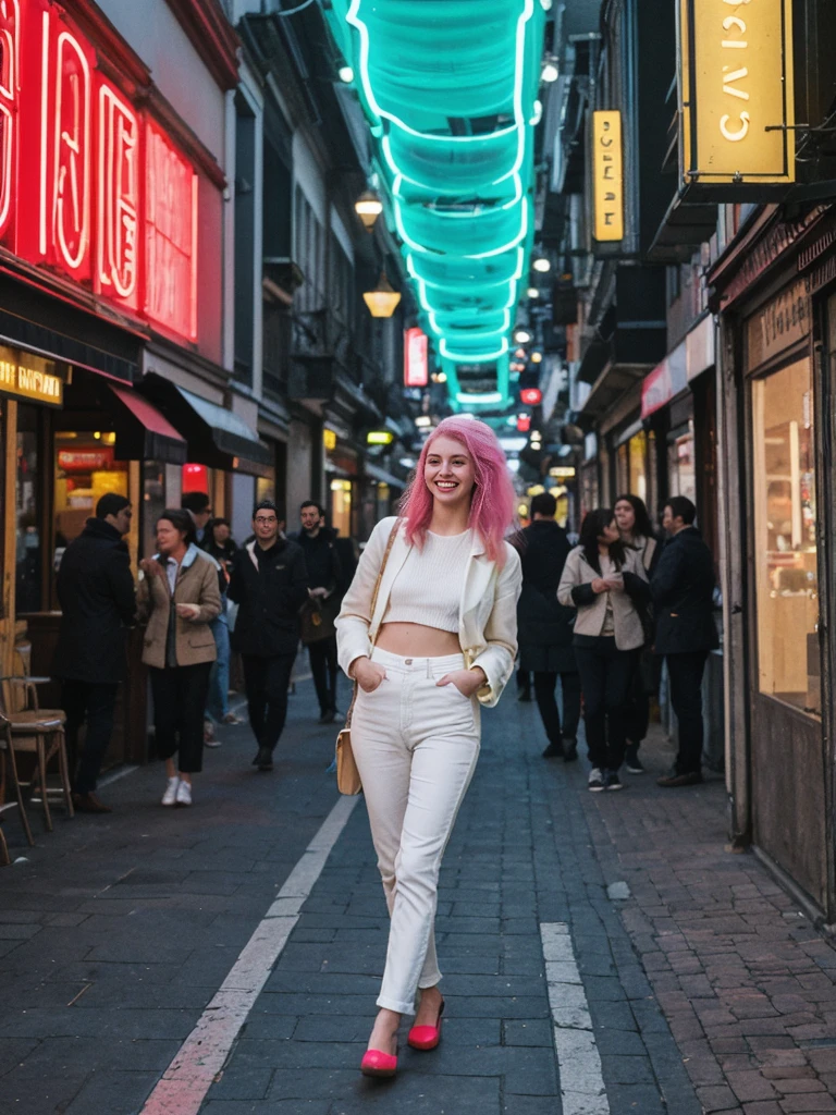 her name is Amelie, high quality, 1girl, ((25-year-old fit Caucasian woman)), ((25 years old)), ((BODY TYPE: HOURGLASS)), ((Neon Hair)), smiling, pose: standing, wearing Well-dressed ULTRA MODERN Generation-Z modern wear bright colored, BACKGROUND: "Walking through the vibrant Istiklal Avenue at night, with its bustling shops, cafes, and street performers."