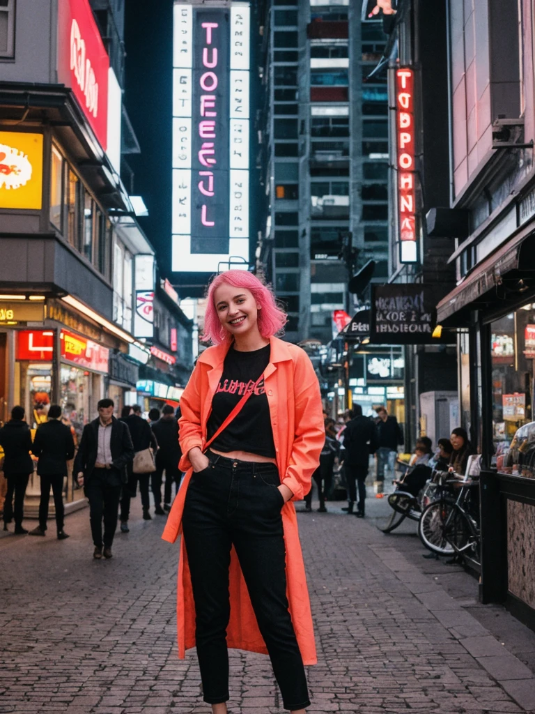 her name is Amelie, high quality, 1girl, ((25-year-old fit Caucasian woman)), ((25 years old)), ((BODY TYPE: HOURGLASS)), ((Neon Hair)), smiling, pose: standing, wearing Well-dressed ULTRA MODERN Generation-Z modern wear bright colored, BACKGROUND: "Walking through the vibrant Istiklal Avenue at night, with its bustling shops, cafes, and street performers."