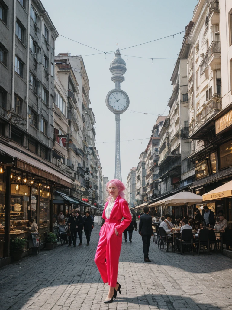 her name is Amelie, high quality, 1girl, ((25-year-old fit Caucasian woman)), ((25 years old)), ((BODY TYPE: HOURGLASS)), ((Neon Hair)), smiling, pose: standing, wearing Well-dressed ULTRA MODERN Generation-Z modern wear bright colored, BACKGROUND: "Walking through the vibrant Istiklal Avenue at night, with its bustling shops, cafes, and street performers."