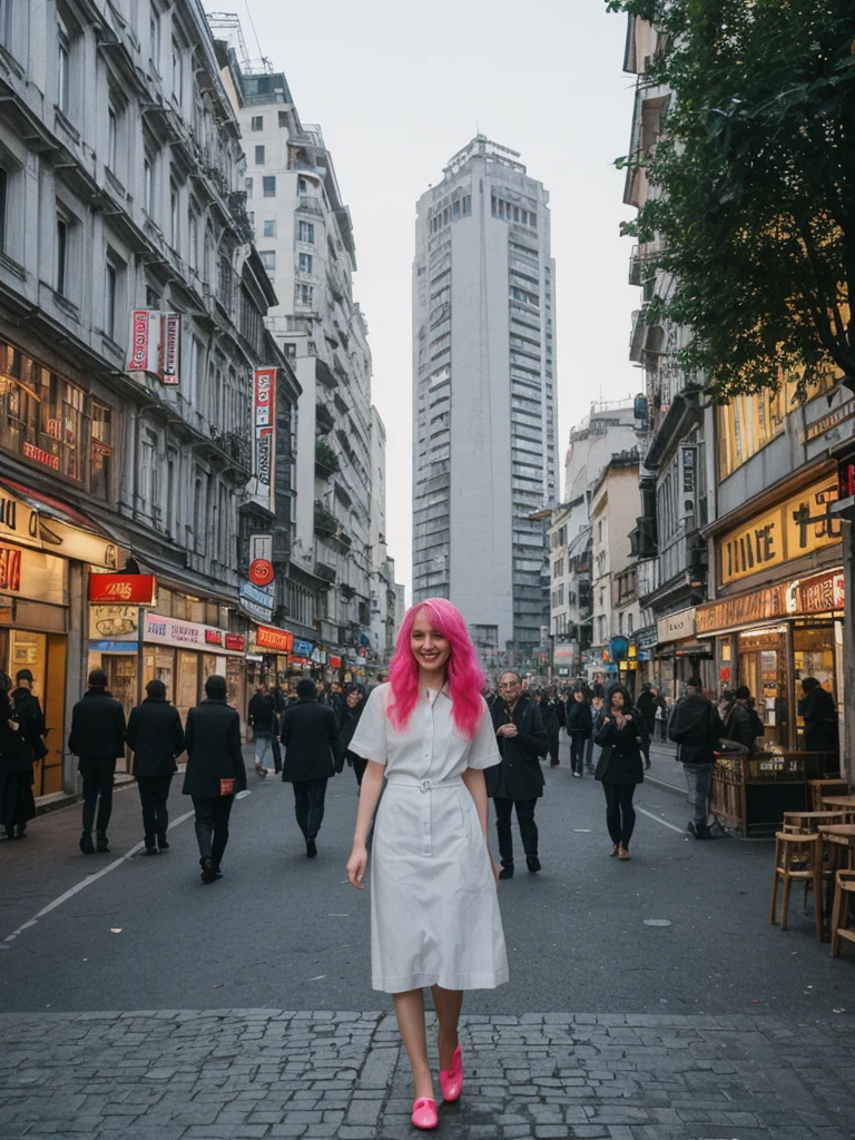her name is Amelie, high quality, 1girl, ((25-year-old fit Caucasian woman)), ((25 years old)), ((BODY TYPE: HOURGLASS)), ((Neon Hair)), smiling, pose: standing, wearing Well-dressed ULTRA MODERN Generation-Z modern wear bright colored, BACKGROUND: "Walking through the vibrant Istiklal Avenue at night, with its bustling shops, cafes, and street performers."