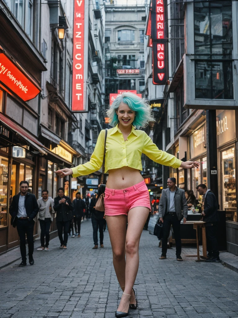 her name is Amelie, high quality, 1girl, ((25-year-old fit Caucasian woman)), ((25 years old)), ((BODY TYPE: HOURGLASS)), ((Neon Hair)), smiling, pose: standing, wearing Well-dressed ULTRA MODERN Generation-Z modern wear bright colored, BACKGROUND: "Walking through the vibrant Istiklal Avenue at night, with its bustling shops, cafes, and street performers."
