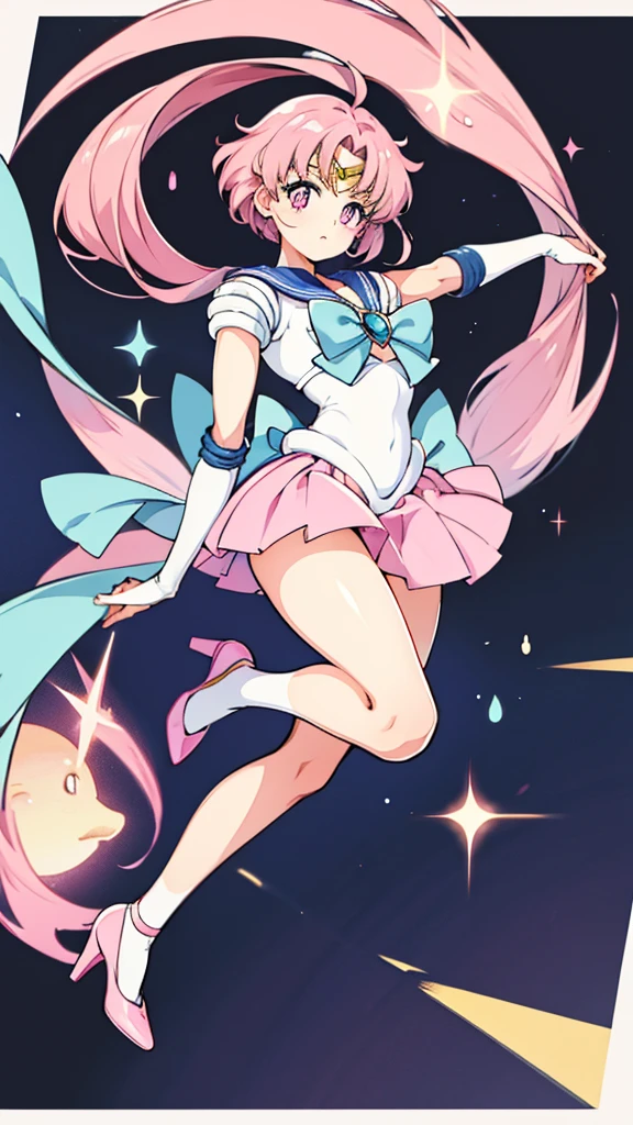 Sailor Moon, girl, pink eyes, light pink hair, yellow, pink, blue outfit, heels