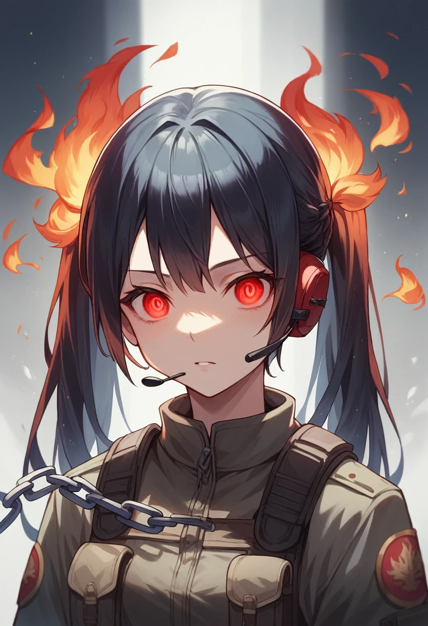 ((best quality)), ((masterpiece)), (detailed), perfect face, 1girl, lower body, long black hair with red tips, tactical clothing, headset, chains around her waist, surrounded by flames, night time, red eyes, glowing eyes, ponytails, twin tails,