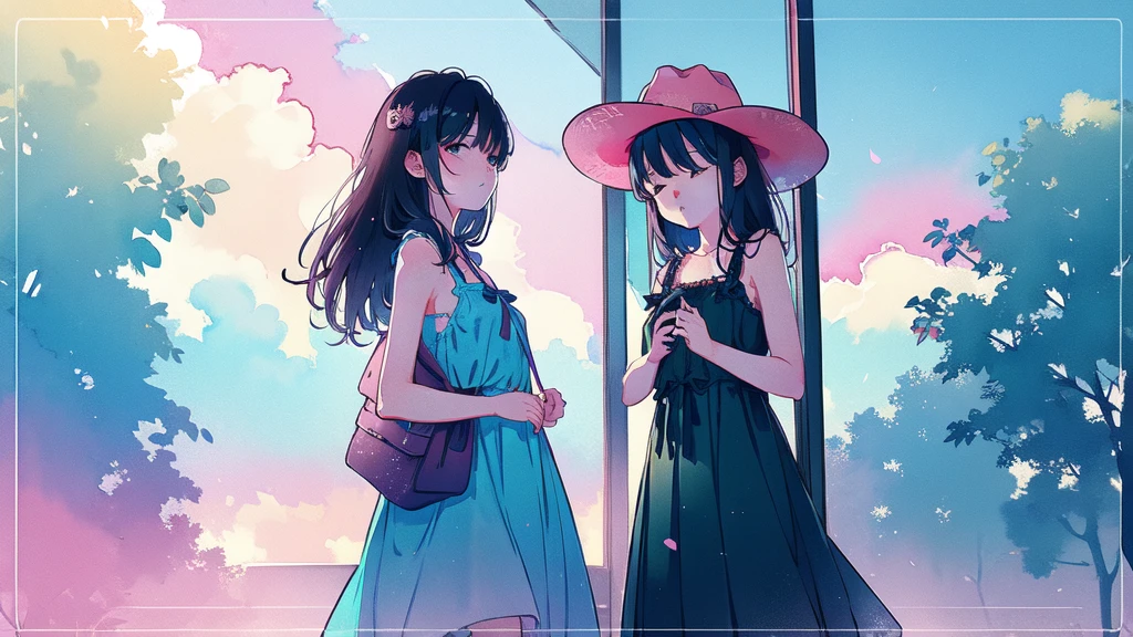 (watercolor), (low contrast), (face, cowboy shot, 2 girls, sundress, look at viewer), nostalgic