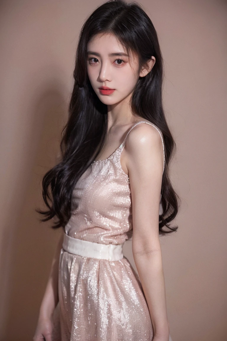 wear a long skirt, long hair over her shoulder, Pretty dress