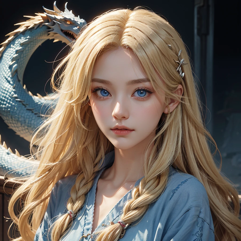 A beautiful woman and she has long, blonde hair with blue eyes and she has white skin and a small nose shaped like a dragon. 