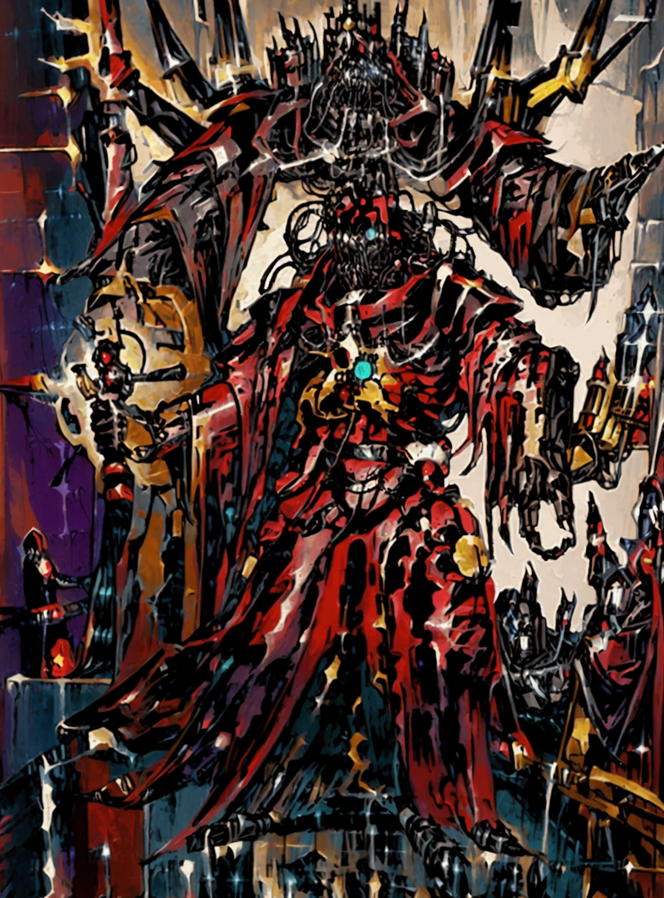 make a character for my rpg game, adeptus mechanicus, imposing pose, wearing armor, he is holding a book, detailed outfit, holding a war staff, filled with implant, dark cathedral background (detailed back ground), robotic priest with armor.