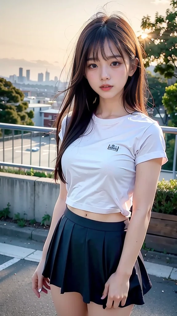 (8k、raw、professional、best quality、masterpiece:1.2)、(really、realistic:1.37)、very detailed、(18 years old)、pleated skirt, (Highest Detail Skin:1.2)、(Highest detail face:1.2)、1 woman、18 years old、black hair、long hair、High 、cute t shirts、Lift your skirt up to your belly button with both hands., Raise the skirt, Revealing white lace panties、Sunset sky、I can see the cityscape at dusk in the distance.、golden hour, shy expression