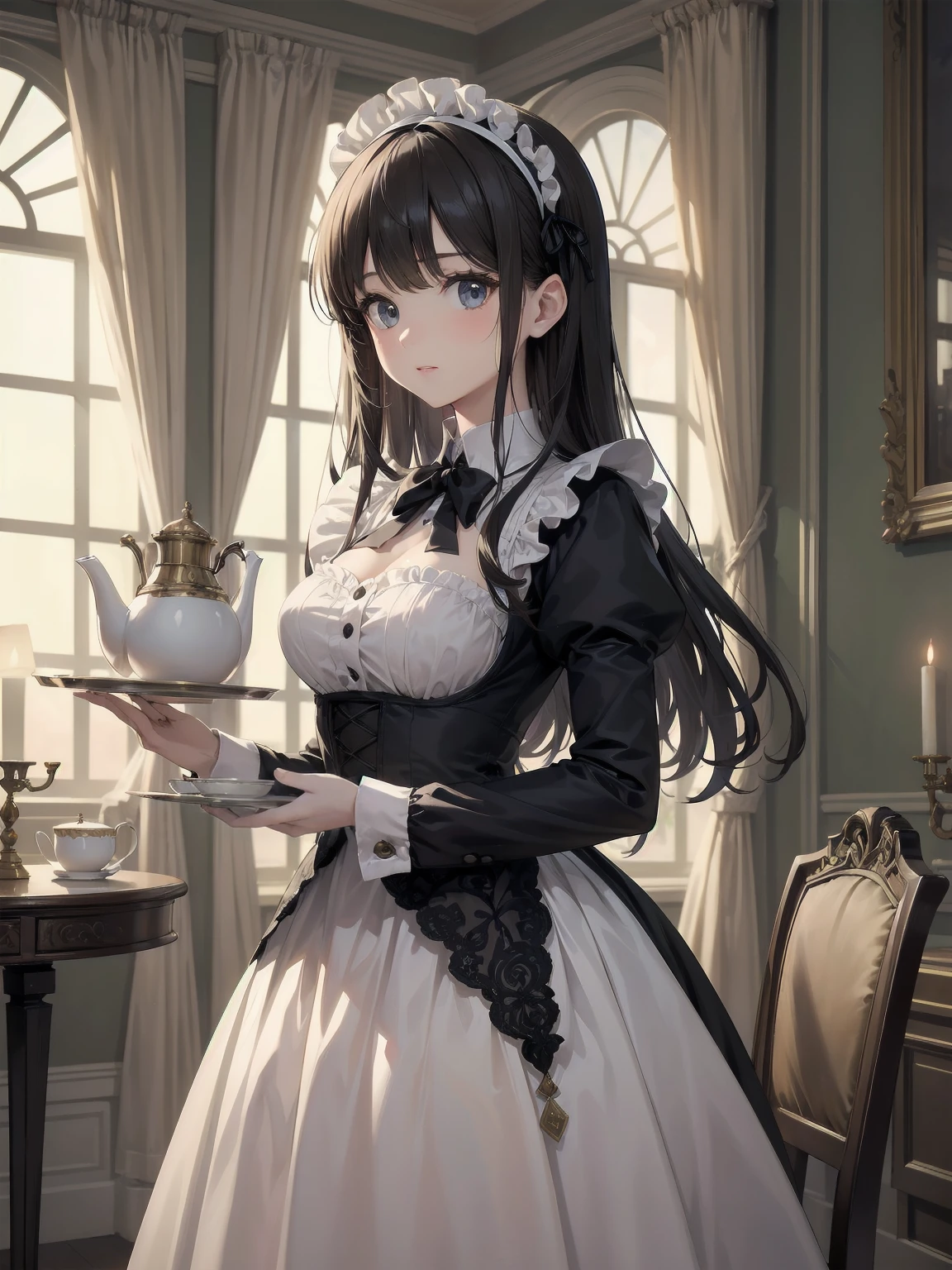 Illustration of a beautiful girl in a cute pose,(Masterpiece: 1.2), (Best quality: 1.2), A cute girl with long black hair, dressed in a classic black and white maid outfit with frilly lace and a matching headband, is standing in a beautifully decorated Victorian-style parlor. She is holding a silver tray with a teapot and teacup, her expression a mix of professionalism and warmth. The background includes ornate furniture, a chandelier, and large windows with heavy drapes, all bathed in soft afternoon light. This illustration emphasizes the elegant and welcoming atmosphere of a high-class tea service