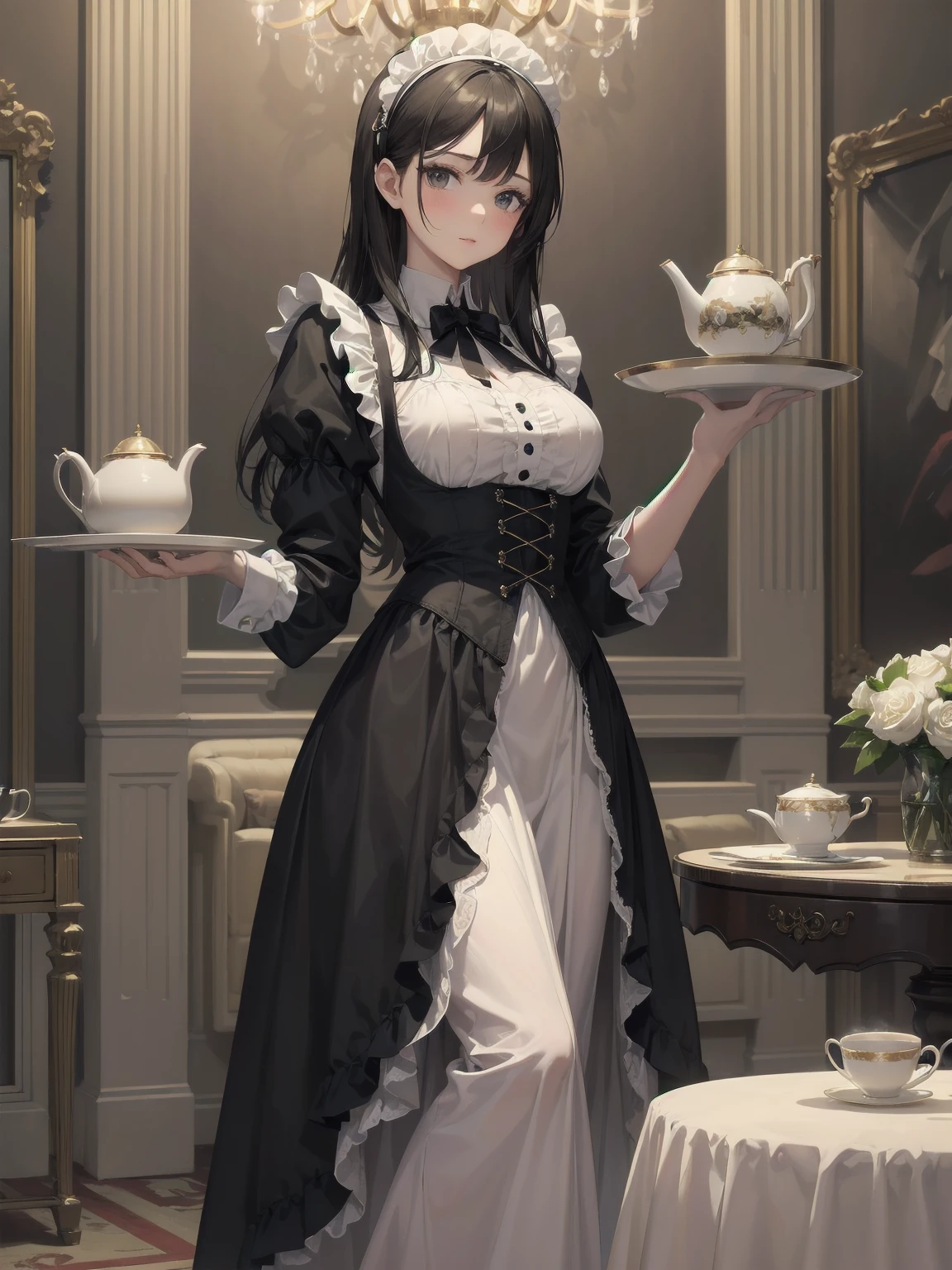 Illustration of a beautiful girl in a cute pose,(Masterpiece: 1.2), (Best quality: 1.2), A cute girl with long black hair, dressed in a classic black and white maid outfit with frilly lace and a matching headband, is standing in a beautifully decorated Victorian-style parlor. She is holding a silver tray with a teapot and teacup, her expression a mix of professionalism and warmth. The background includes ornate furniture, a chandelier, and large windows with heavy drapes, all bathed in soft afternoon light. This illustration emphasizes the elegant and welcoming atmosphere of a high-class tea service